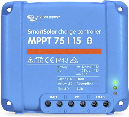 Blauwe Victron SmartSolar MPPT 75|15 laadregelaar met tekst en groene, gele en blauwe LED-indicatoren.