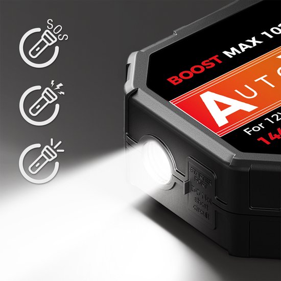 Batterie de démarrage AutoXtreme noire avec lampe de poche allumée et trois icônes SOS.