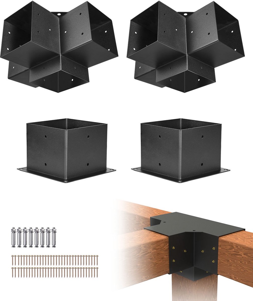 Paalverbinder - 4-zijdige Hoekbeugel Set - Voor Palen 142x142 mm - Zware Uitvoering - Set van 4 - Voor Pergola, Prieel en Blokhut