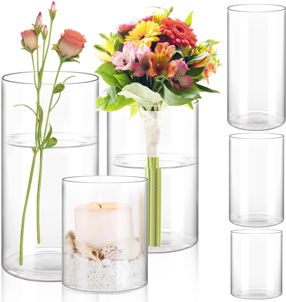 IMPERATORIS® Glazen Vazen / Glazen Flessen – Mini Decoratieve Vaas Flesjes – Helder Glas – Inclusief Strik – 6 Stuks – To 20 cm – Transparant