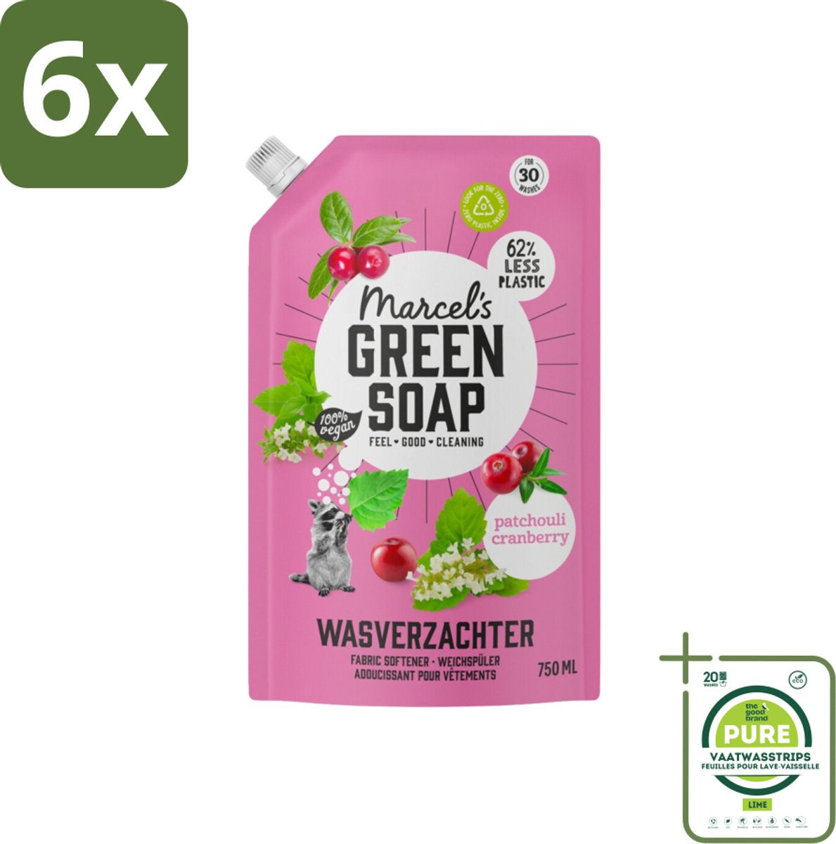 Marcel’s Green Soap – Wasverzachter – Patchouli & Cranberry - Navulling – 750 ml - Voordeelverpakking - 6 stuks - Wasverzachter - Navulling