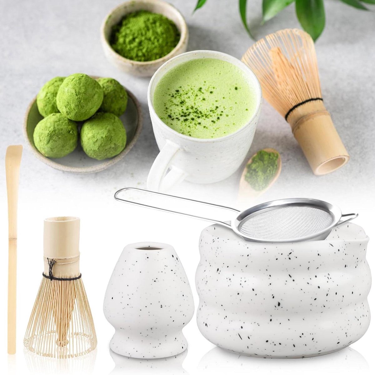 Allecta - Traditionele Japanse theeceremonie set: matcha theeset met schaal, bamboebezem, lepel en zeef
