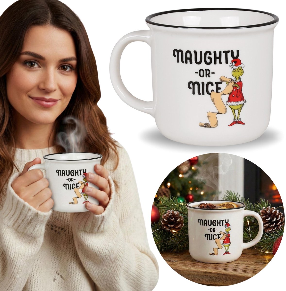 Grinch Witte, kerstmok met oor, keramiek, groot 380 ml