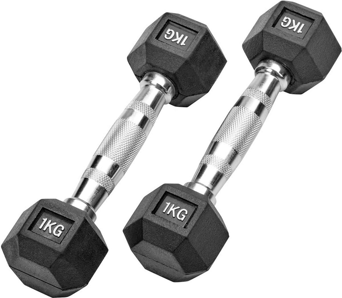Set van 2x 1kg Zeshoekige Halters Rubberen Studio Gewichten voor Fitness en Krachttraining