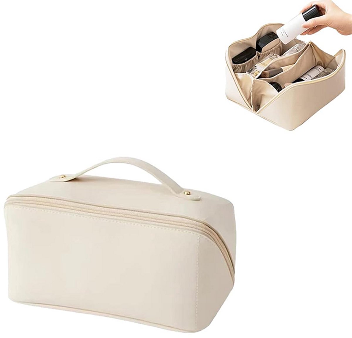 MDUG Make-uptas met grote capaciteit - Geschikt voor vrouwen - Wit - Met handvatten en vakken - Waterdicht - Draagbare reis make-up-/toilettas - Cosmetica-organizer