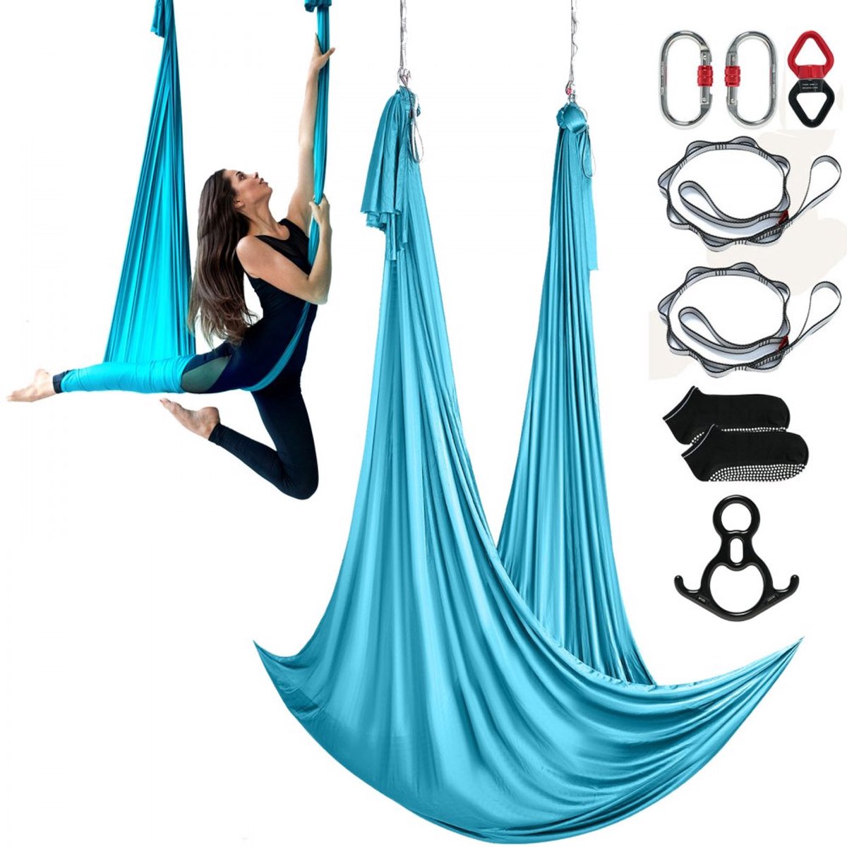 Yogahangmat / Yogaschommel - Set - Afmeting 10 x 2,8 m - Draagvermogen 1000 kg - Inclusief stalen karabijnhaak & aluminium draaikoppeling - Met yogasokken - Blauw