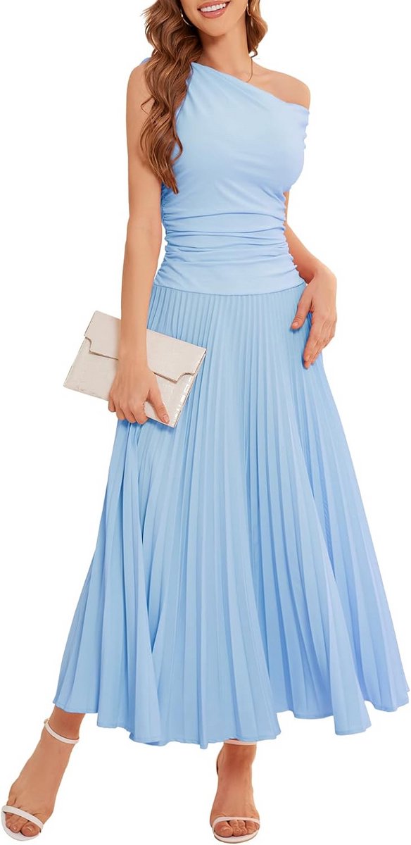 Elegante Maxi Jurk met Één Schouder en Plissé Decoratie voor Feest of Bruiloft
