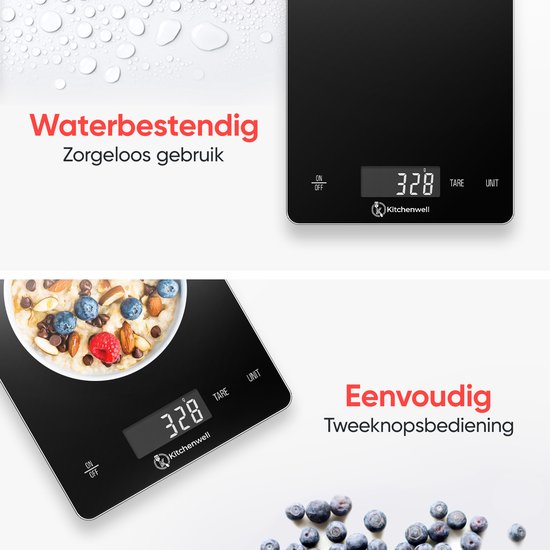Kitchenwell Digitale Precisie Keukenweegschaal – Weegschaal Keuken - 1gr - 15kg – Tarra Functie - USB Oplaadbaar - Zwart
