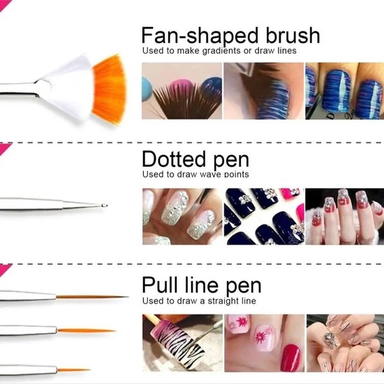 Sets met nail art penselen en dotting tools: waaierpenseel voor gradiënten, dotting pen voor punten, pull line pen voor lijnen.