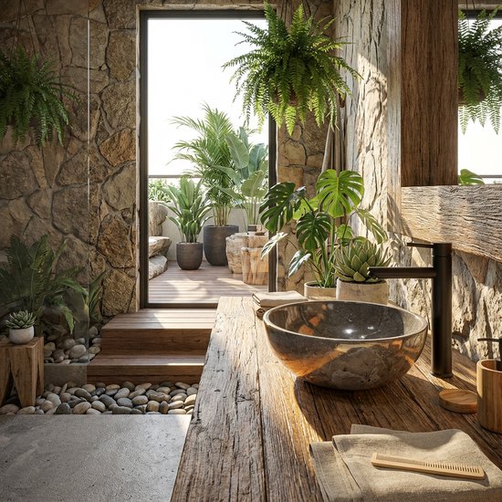 Baignoire en marbre avec robinet foncé sur un plateau en bois rustique, entouré de pierres et de plantes.