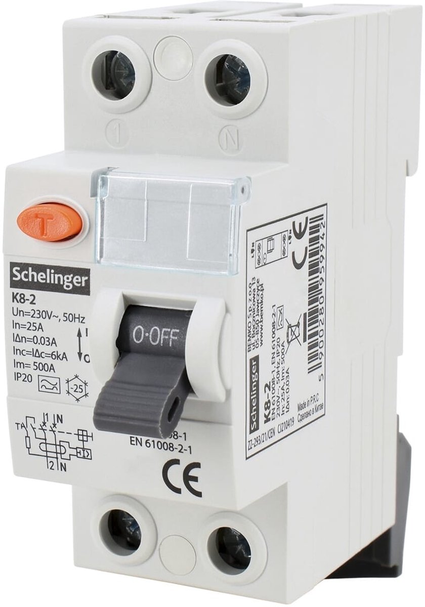 Schelinger Differentieelschakelaar 2-polig - 40A - 30mA - Type A - 230V - Voor DIN-rail - Beveiliging tegen lekstroom