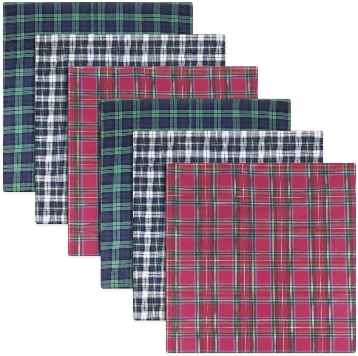 Pack van 6 Tartan Zakdoeken voor Heren - Blauw, Groen en Rood - 100% Katoen - 40 x 40 cm