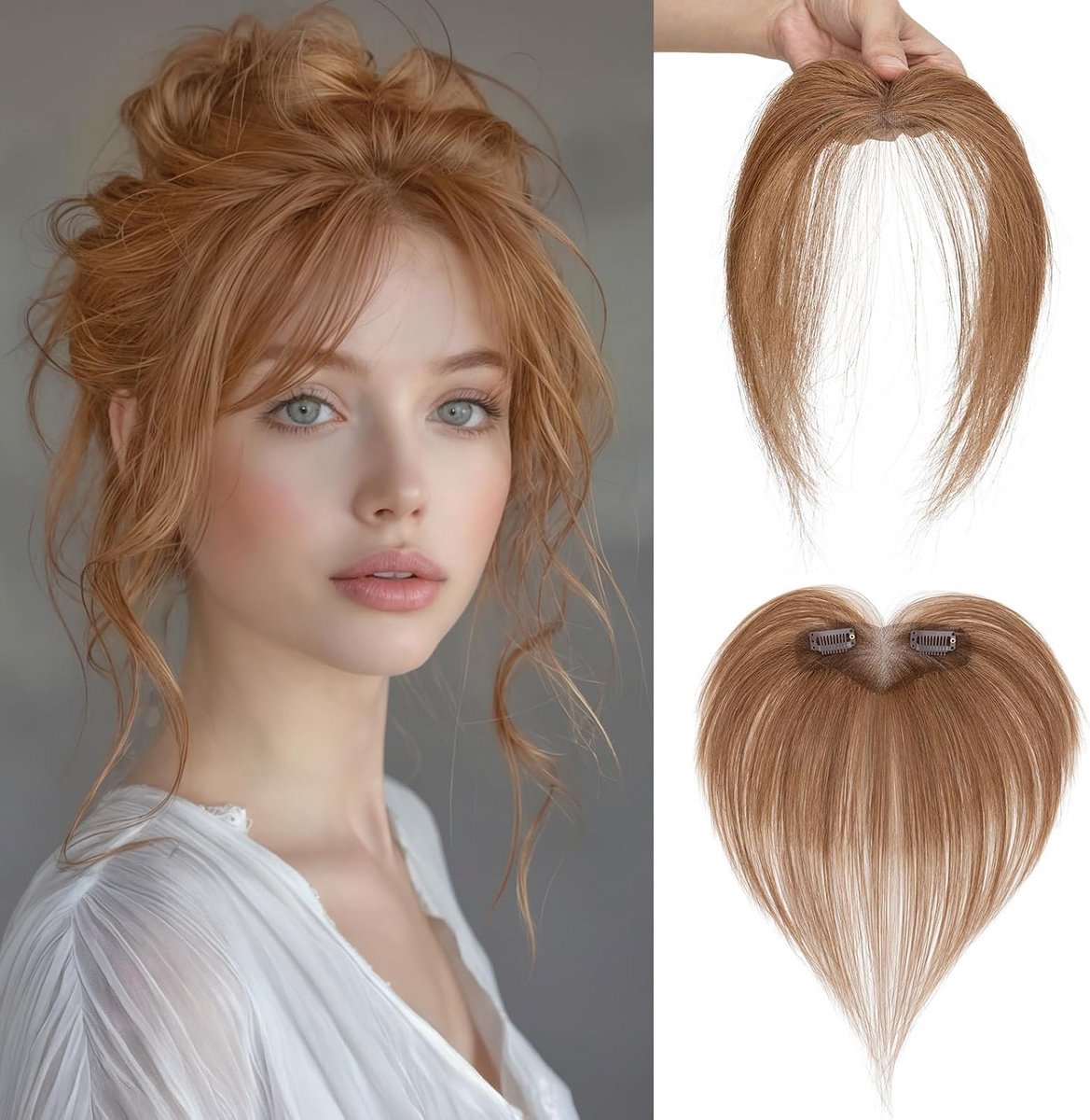 Clip-in Pony met Clips Echt Haar Lichtbruin - Natuurlijke Haarstukjes met Pony
