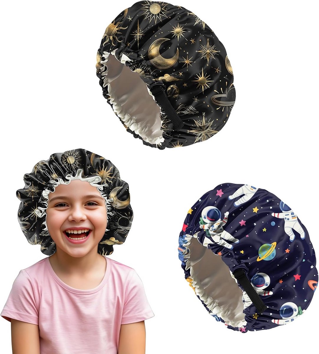 2-Pack Satijnen Kinder Slaapmutsjes - Comfortabele Douchecap voor Krullend en Lang Haar