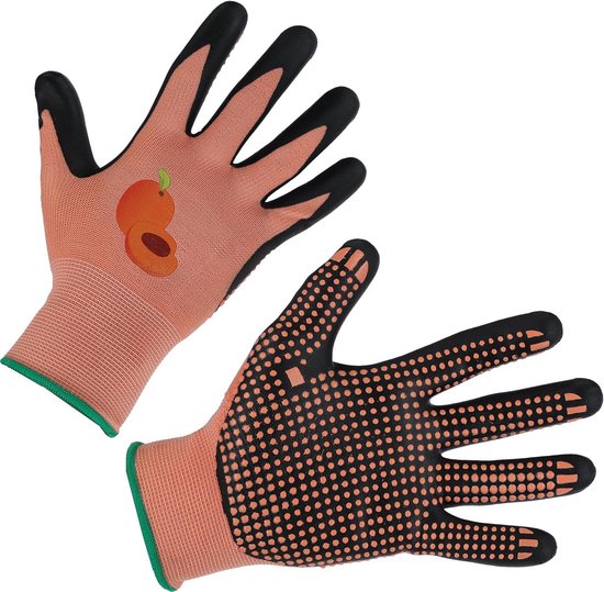 Twee perzikkleurige tuinhandschoenen met zwarte anti-slip nopjes en een perzikprint. De linkerhandschoen toont het perzik-motief.