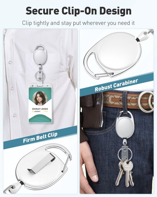 JZK 3 x intrekbare sleutelhanger met riemclip en stalen haspelketting, intrekbare badge