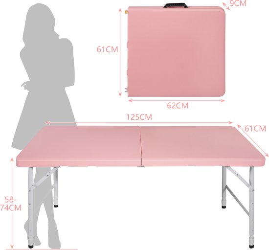 Campingtafels 125 cm - Inklapbaar Met Handgreep En Verstelbare Hoogte - Multifunctioneel - Kunststof - Roze — afbeelding 5