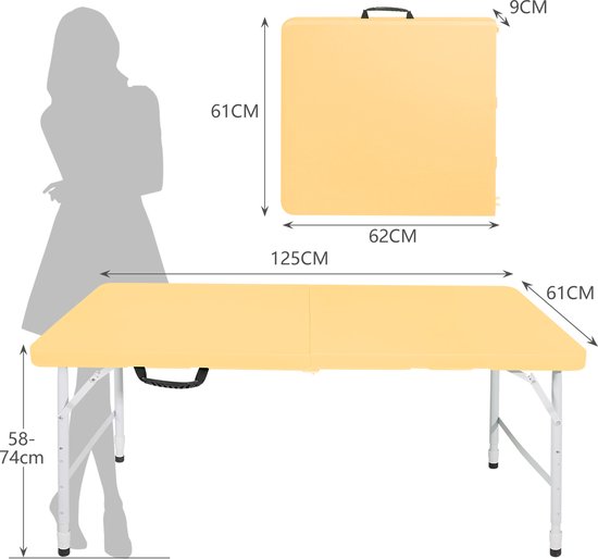 Campingtafels 125 cm - Inklapbare Vouwtafel Met Handgreep En Verstelbare Hoogte - Multifunctioneel - Kunststof - Lichtgeel — afbeelding 5