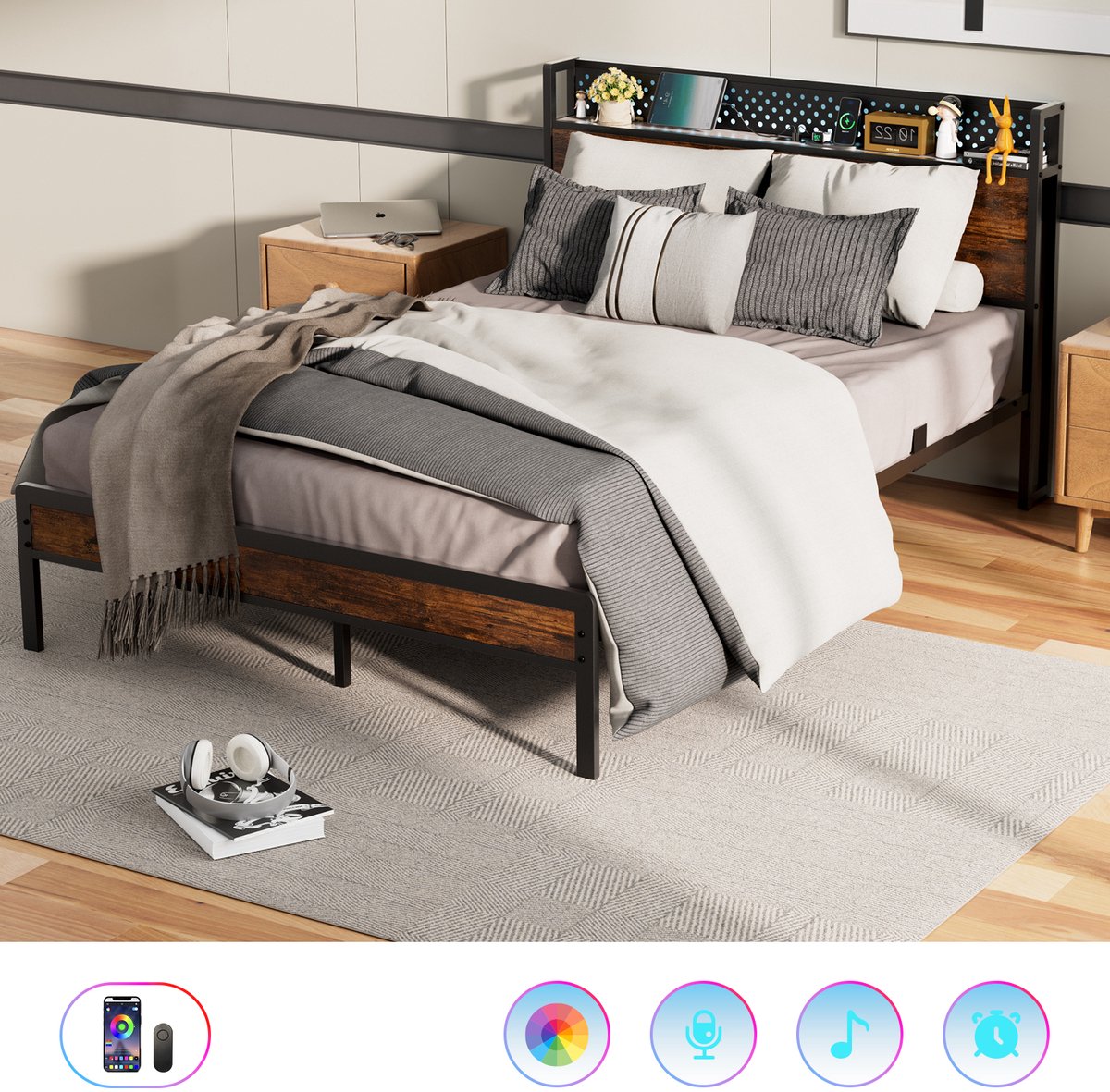 KUTAS Auralum MAX Tweepersoonsbed 140x200 cm - Stevig Metalen Bedframe - Volwassenbed met LED Verlichting - Stopcontacten, USB & Type-C Poorten - Hoofdbord met Opbergruimte - Modern & Duurzaam Design Zwart