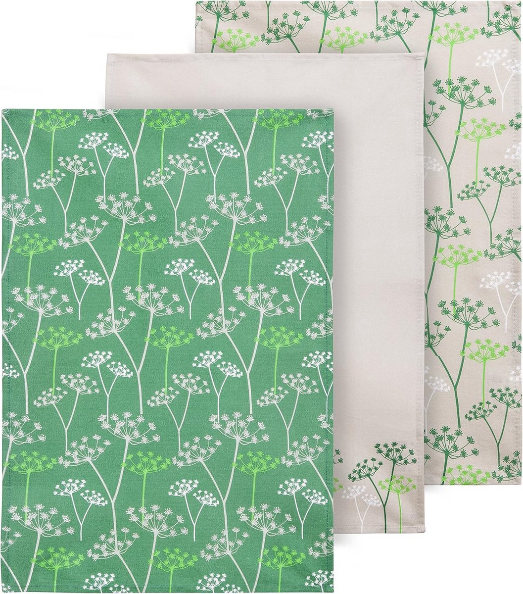 Set van 3 theedoeken met koeprints en peterseliekleur, gemaakt van 100% katoen