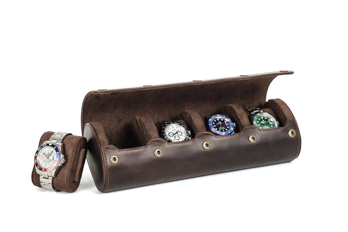 Timezone - Leren Watch roll voor 4 Horloges - Horloge doos - Horloge etui - Horloge reisetui - Horloge Rol