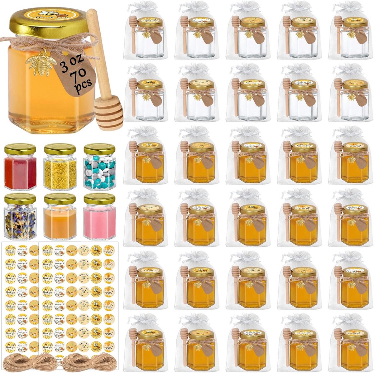 Set van 70 Honingpotjes 85 ml met Lepels en Gouden Deksel