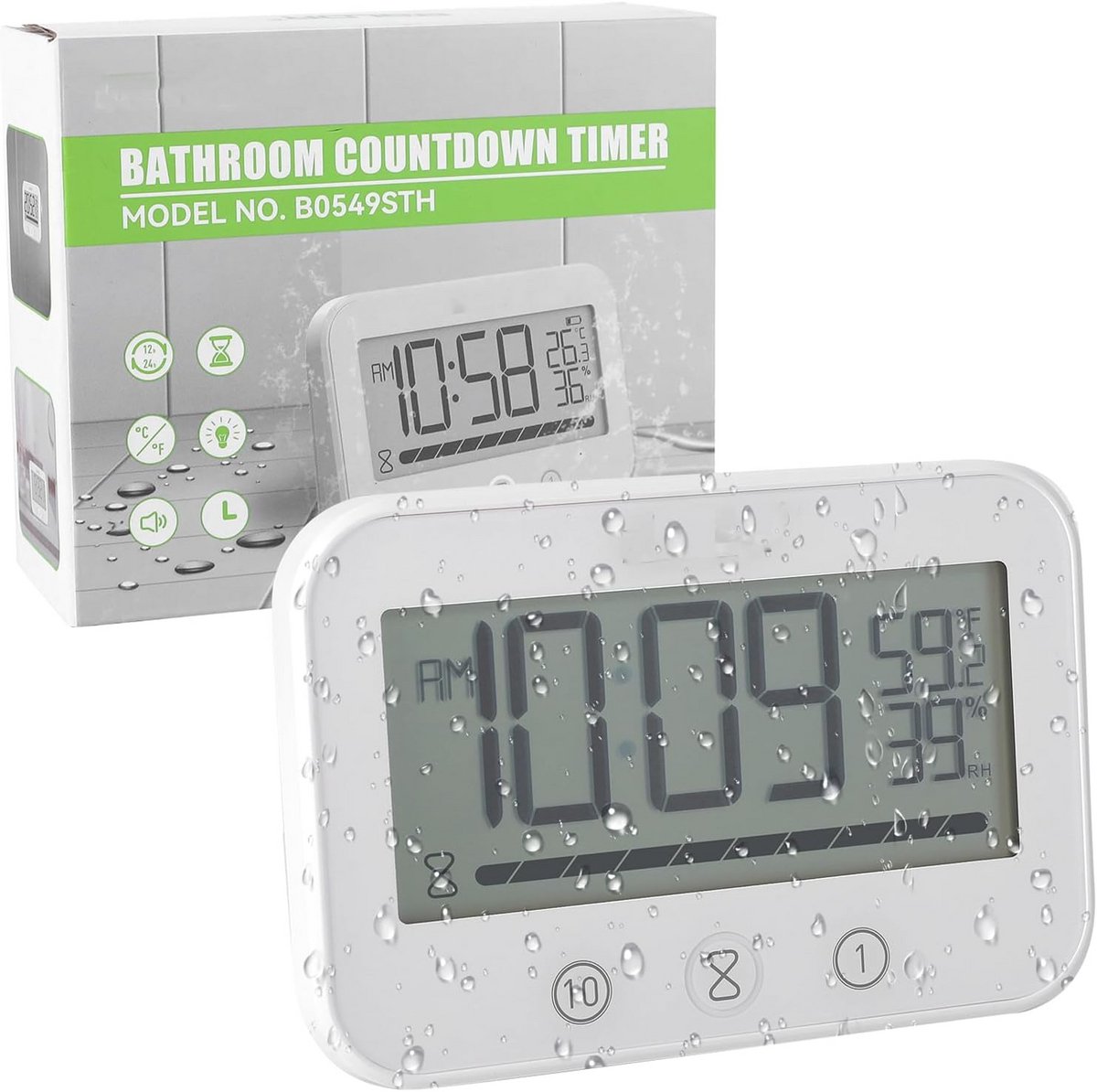 Waterdichte LCD Doucheklok met Temperatuur- en Vochtigheidsmeter en Timer