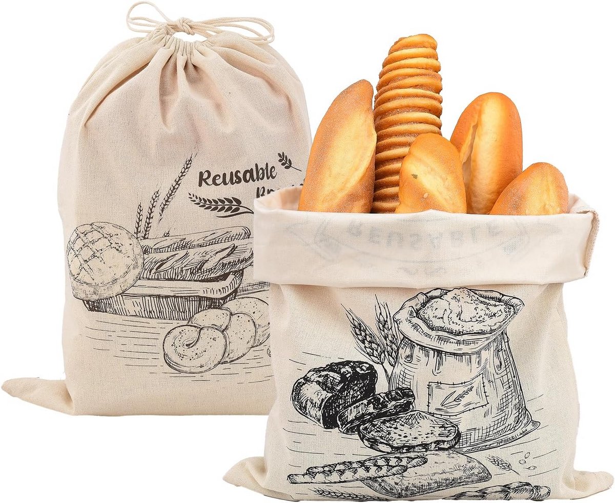 Set van 2 Herbruikbare Linnen Broodzakken met Waterdichte Binnenvoering - 45x35 cm