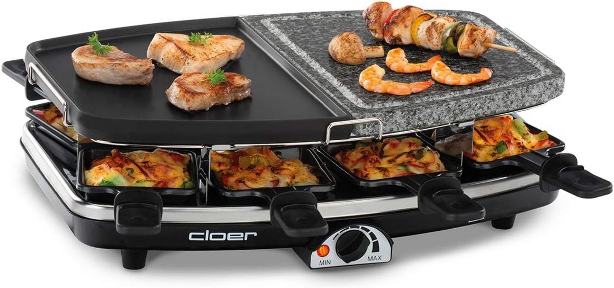 Raclette Grill 1200W met Natuursteen en Aluminium Plaat voor 8 Personen