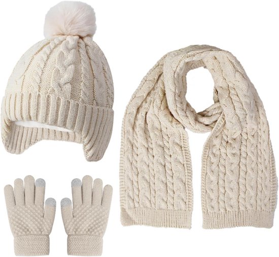 UMIPUBO 5 stuks gebreide winterset warme muts fleece voering sjaal dames hoed pompon handschoenen oorwarmers sokken, Beige-a, One Size