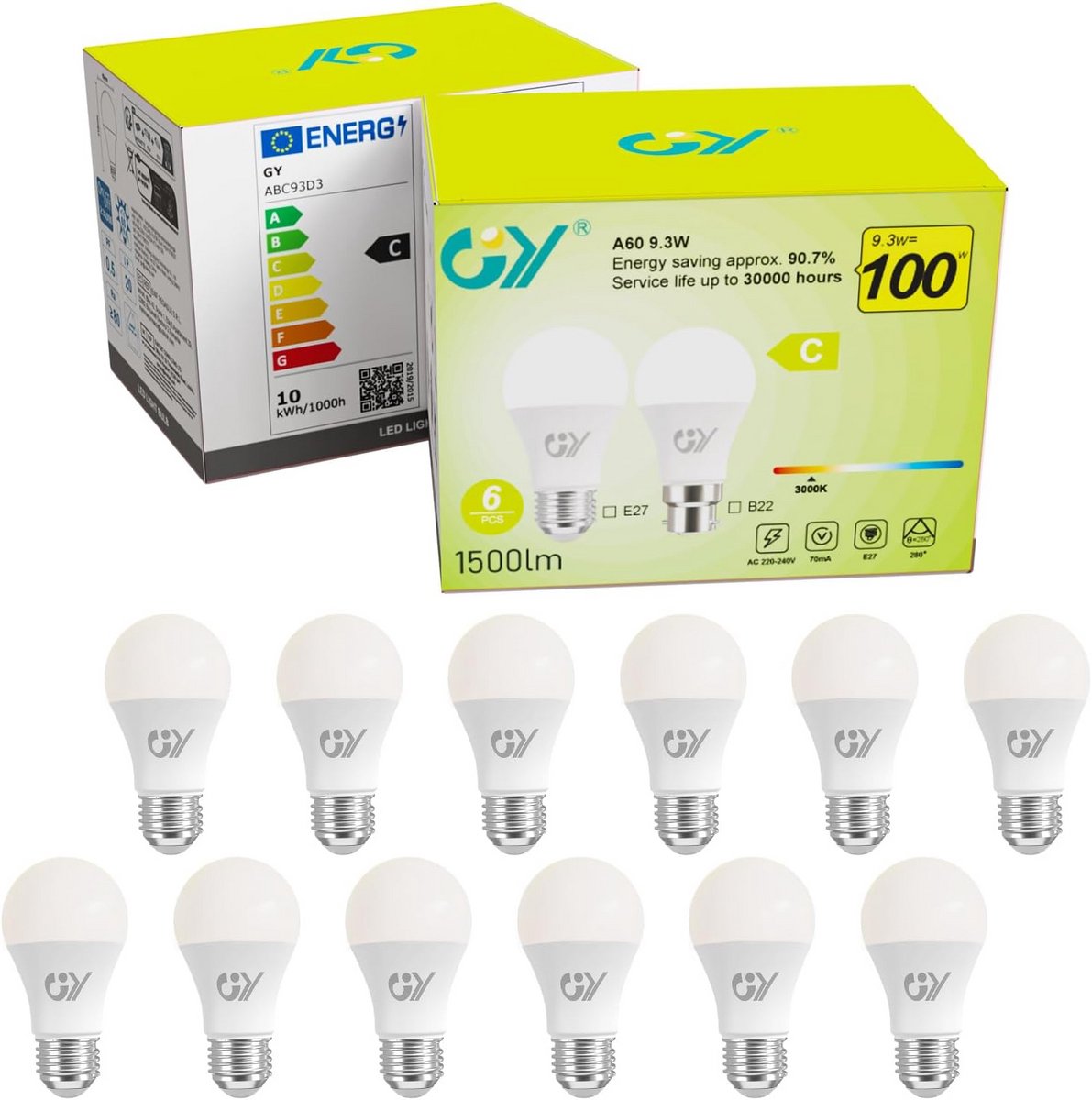 Set van 12 E27 LED Gloeilampen 9,3W Warm Wit (3000K) 1500 Lumen, Vervangt 100W