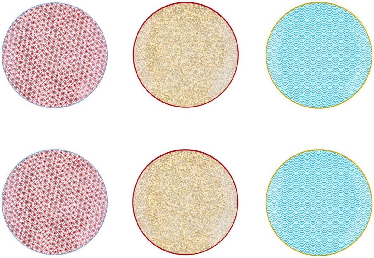 Set van 6 Dessertborden Porselein - Lichtblauw, Rood & Geel - Magnetron & Vaatwasserbestendig