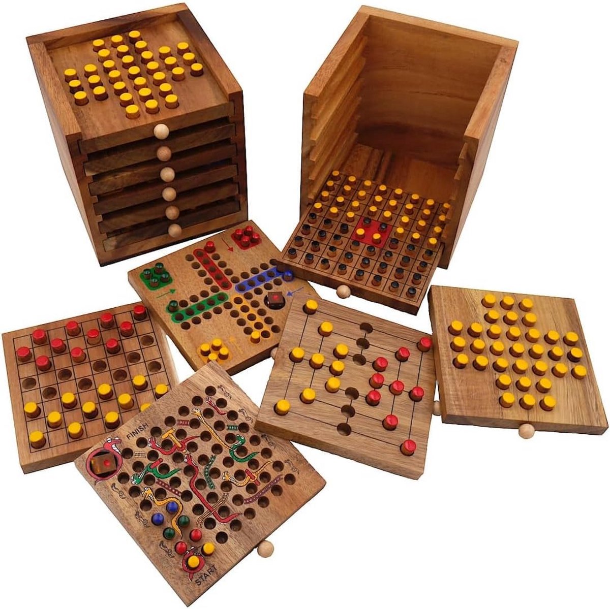 Houten Spelcollectie met 6 Klassieke Bordspellen in Houten Kist - Ludo, Mens Erger Je Niet, Reversi en Meer
