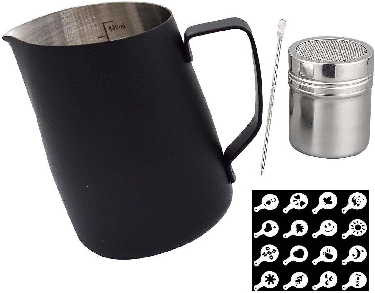 Unyqoos® Complete set voor koffiecreaties met melkopschuimer en decoratietools in zwart, 450 ml, Roestvrij staal, Zwart