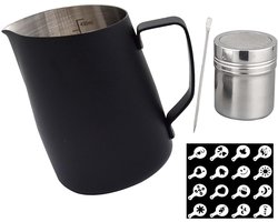 Unyqoos® Complete set voor koffiecreaties met melkopschuimer en decoratietools in zwart, 450 ml, Roestvrij staal, Zwart