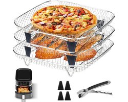 Accessoireset voor airfryer, gemaakt van roestvrij staal – drielaags metalen rooster, geschikt voor airfryers, te gebruiken als uitlek- en grillrooster, voedselveilig en duurzaam.