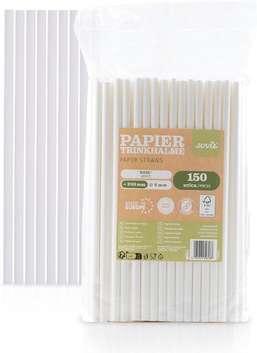 Witte papieren rietjes 23 cm stevig 150 stuks horeca en thuis