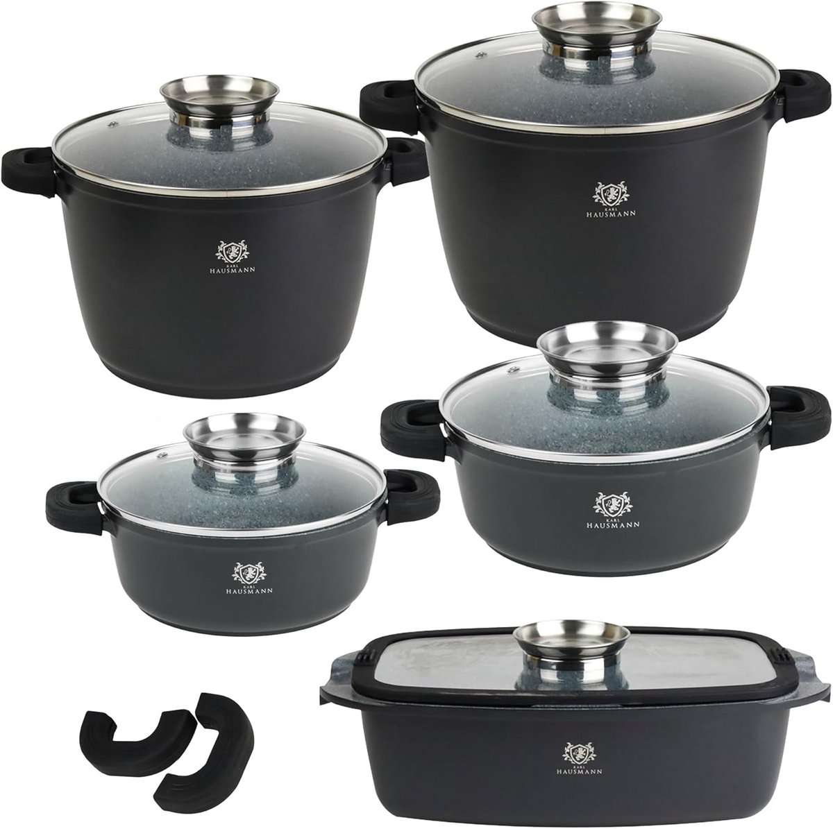 Gietijzeren Kookpannen Set, 5-delig, Inductie Geschikt, Met Glas Deksel