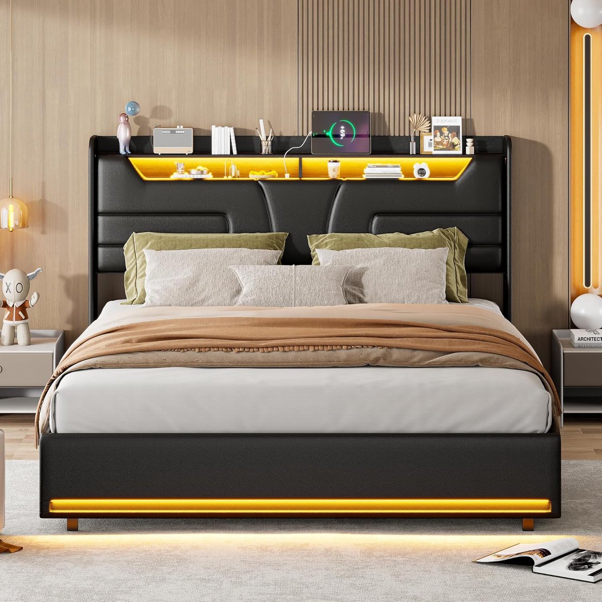 Tweepersoons Gestoffeerd Bed 140x200 met Opbergruimte, LED en USB-C Opladen