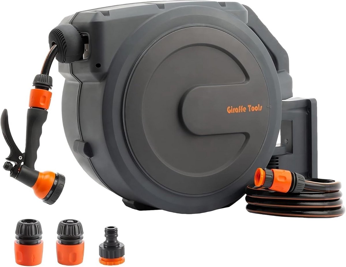 Automatische Tuinslanghaspel 30m met 180° Draaibaar Wandmodel - Inclusief Sproeikop