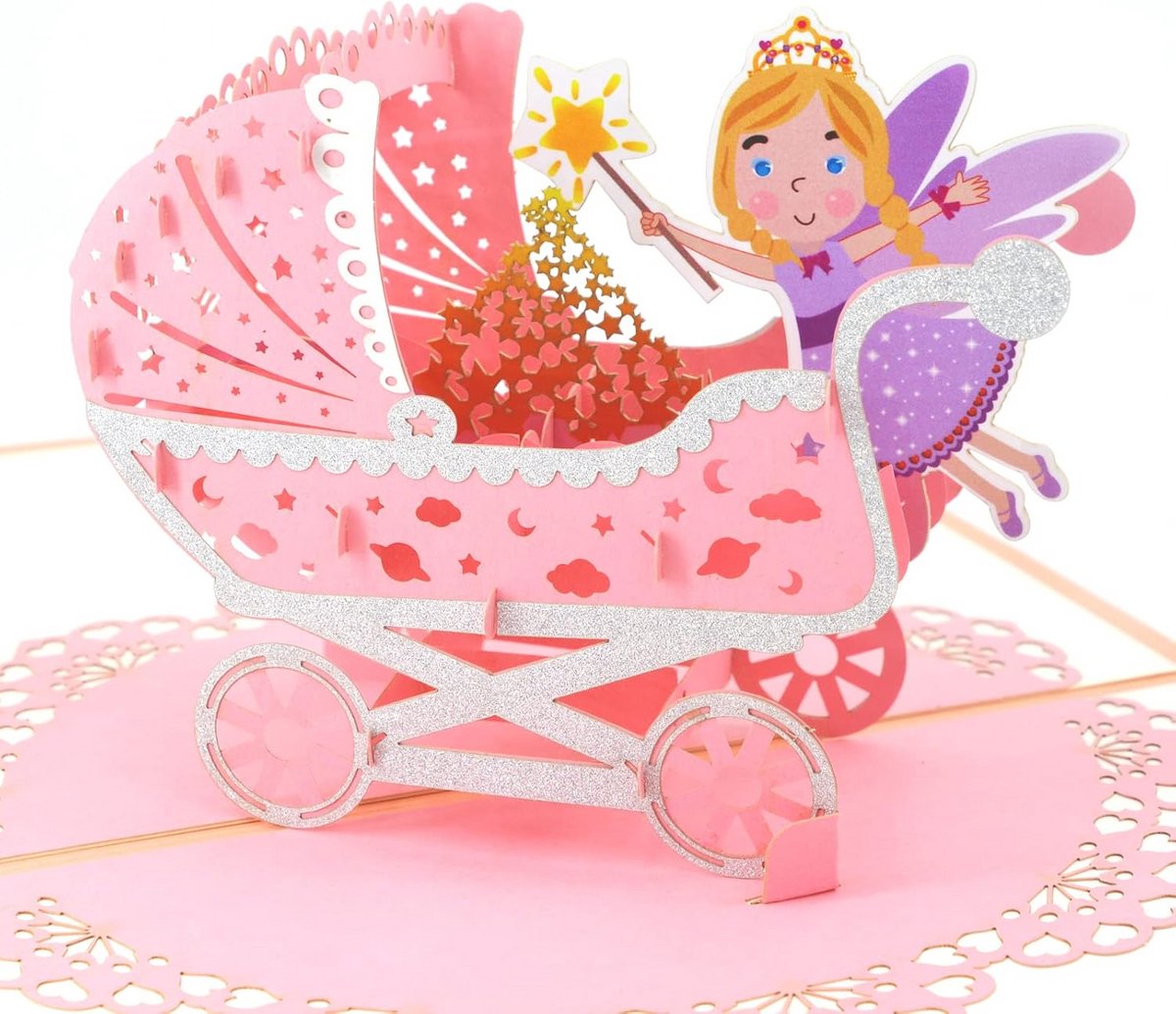 Luxe 3D Pop-Up Baby Wenskaart & Felicitatiekaart voor Kraamvisite en Babyshower (Roze/Oranje)