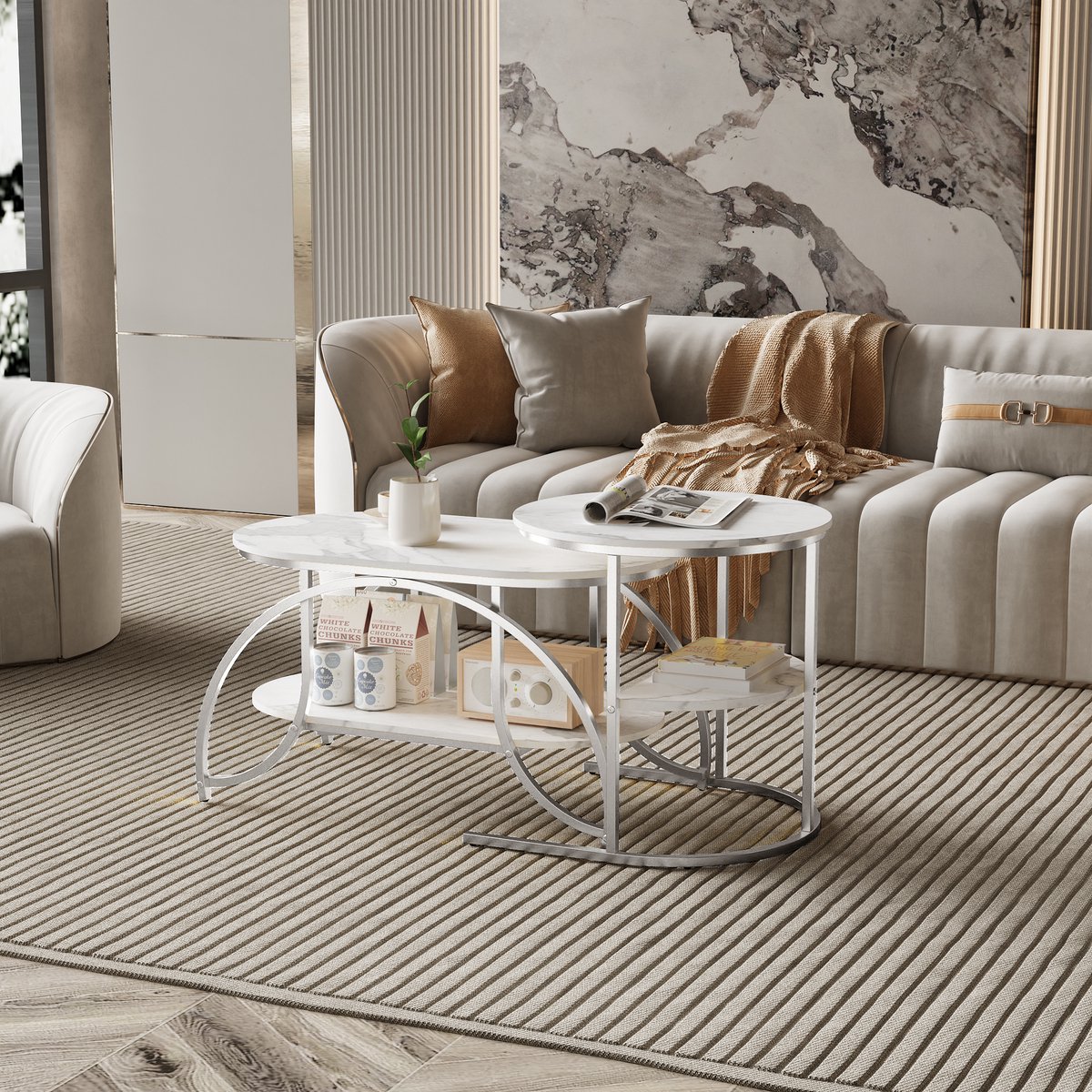 Nesttafels Set van 2 – Ovale en Ronde Salontafel & Bijzettafel – Design Metalen Frame – Marmerlook Tafelblad – Met Opbergruimte