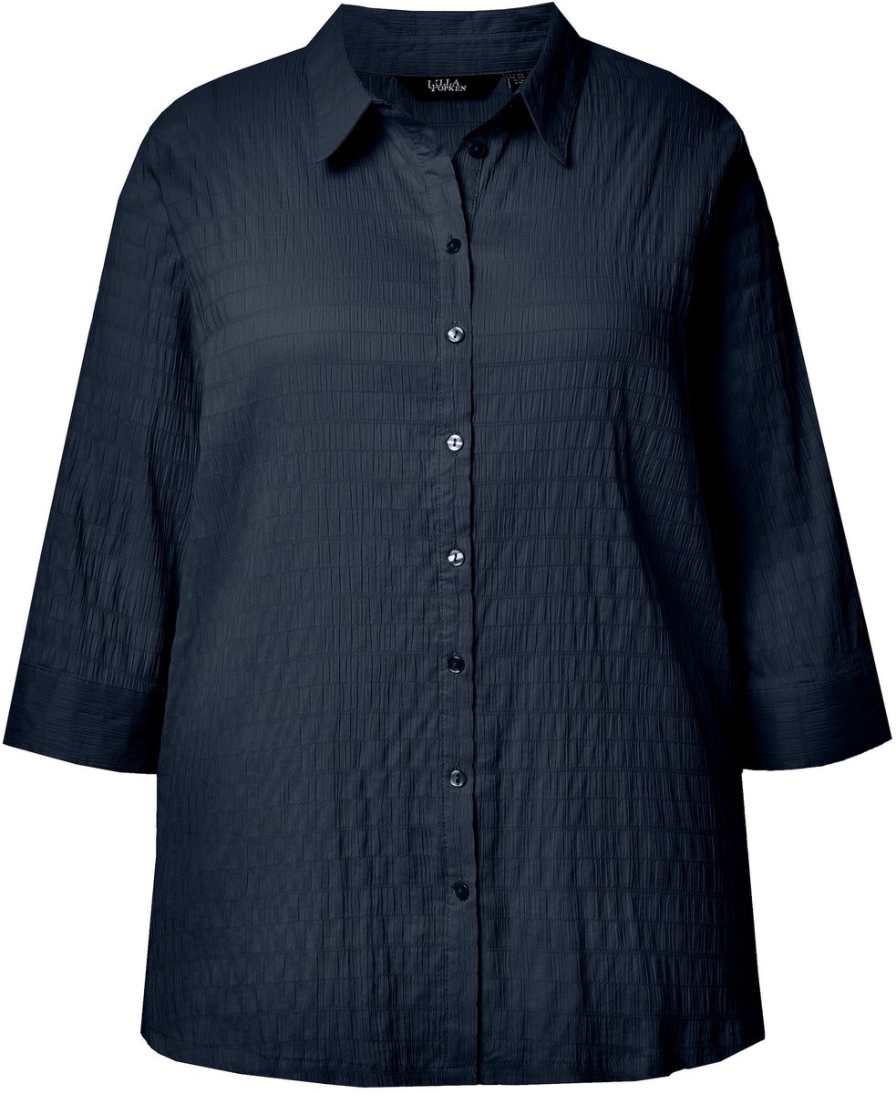 Ulla Popken - Dames - Blouse bubble-kwaliteit overhemdkraag 3/4-mouwen - Marine - Maat 42+