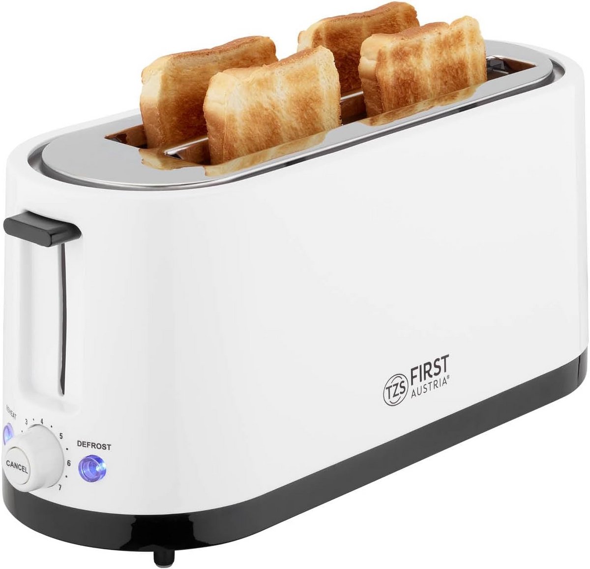 Broodrooster voor 4 Sneden met Lange Sleuf, 1400W, Kruimellade en Broodjesopzetstuk