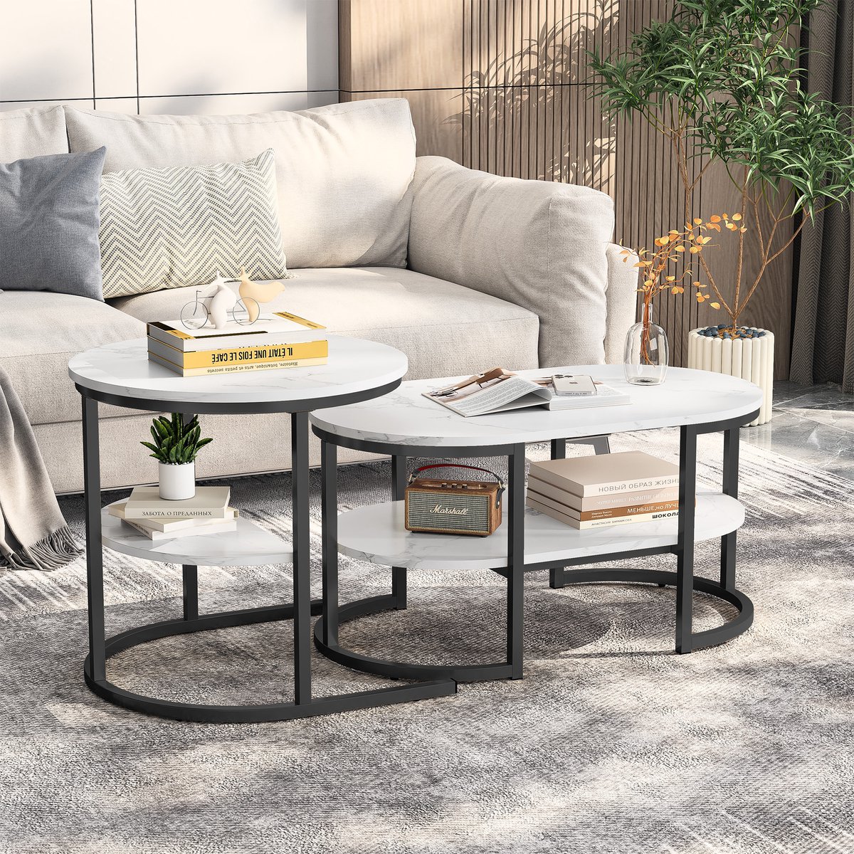 Nesttafels Set van 2 – Ovale en Ronde Salontafel & Bijzettafel – Met Metalen Frame en Opbergruimte – Marmerlook Design
