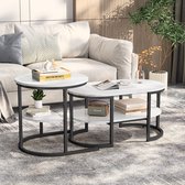 Nesttafels Set van 2 – Ovale en Ronde Salontafel & Bijzettafel – Met Metalen Frame en Opbergruimte – Marmerlook Design