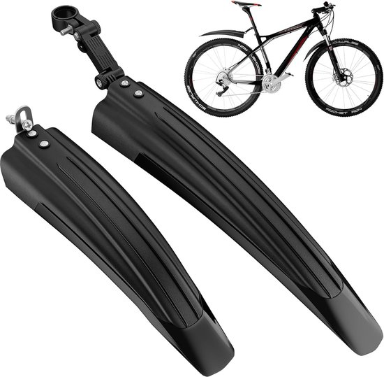 Zwarte, verbreedde en verdikte voor- en achterspatborden voor fietsen. Met een voorbeeldfiets met gemonteerde spatborden.