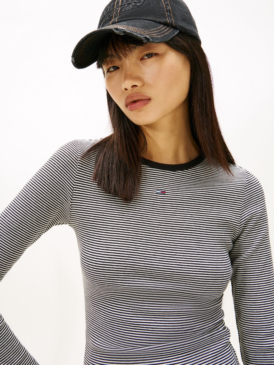 Tommy Jeans T-shirt Tjw Slim Essential Rib Ls Dw0dw17387 0ap /ecru Stripe Dames Zwart