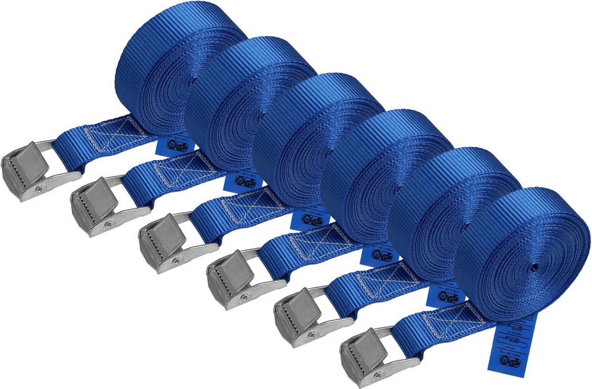 Spanbanden met Klemgesp 250 kg - Set van 6 - Blauw - 2.5 cm Breed - Voldoet aan DIN EN 12195-2
