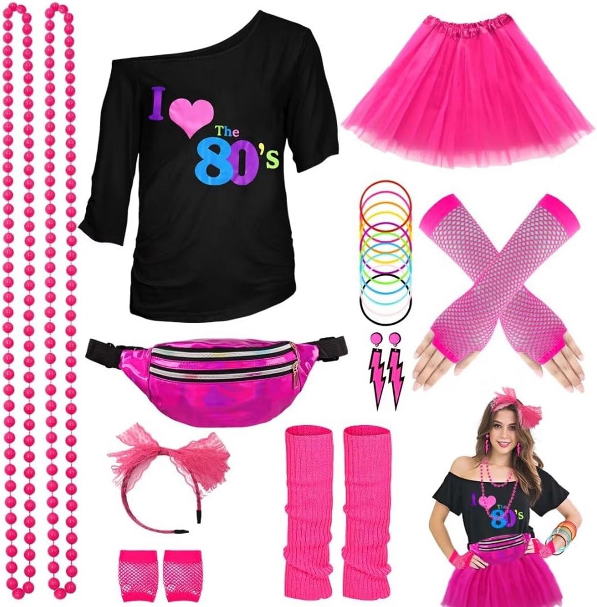 Complete Jaren 80 Outfit Dames Roze - Feestkleding & Neon Accessoires Set
